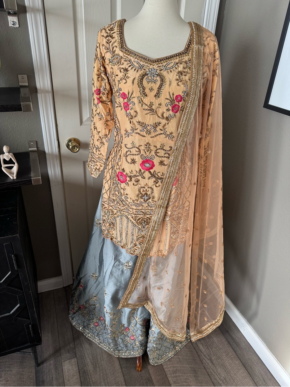Embroidered Peach & Silver Women's Palazzo set